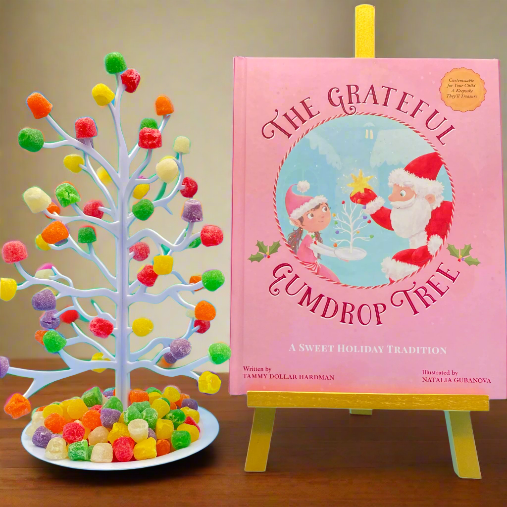 Book titled 'The Grateful Gumdrop Tree' with a gumdrop tree and candies on a blue background