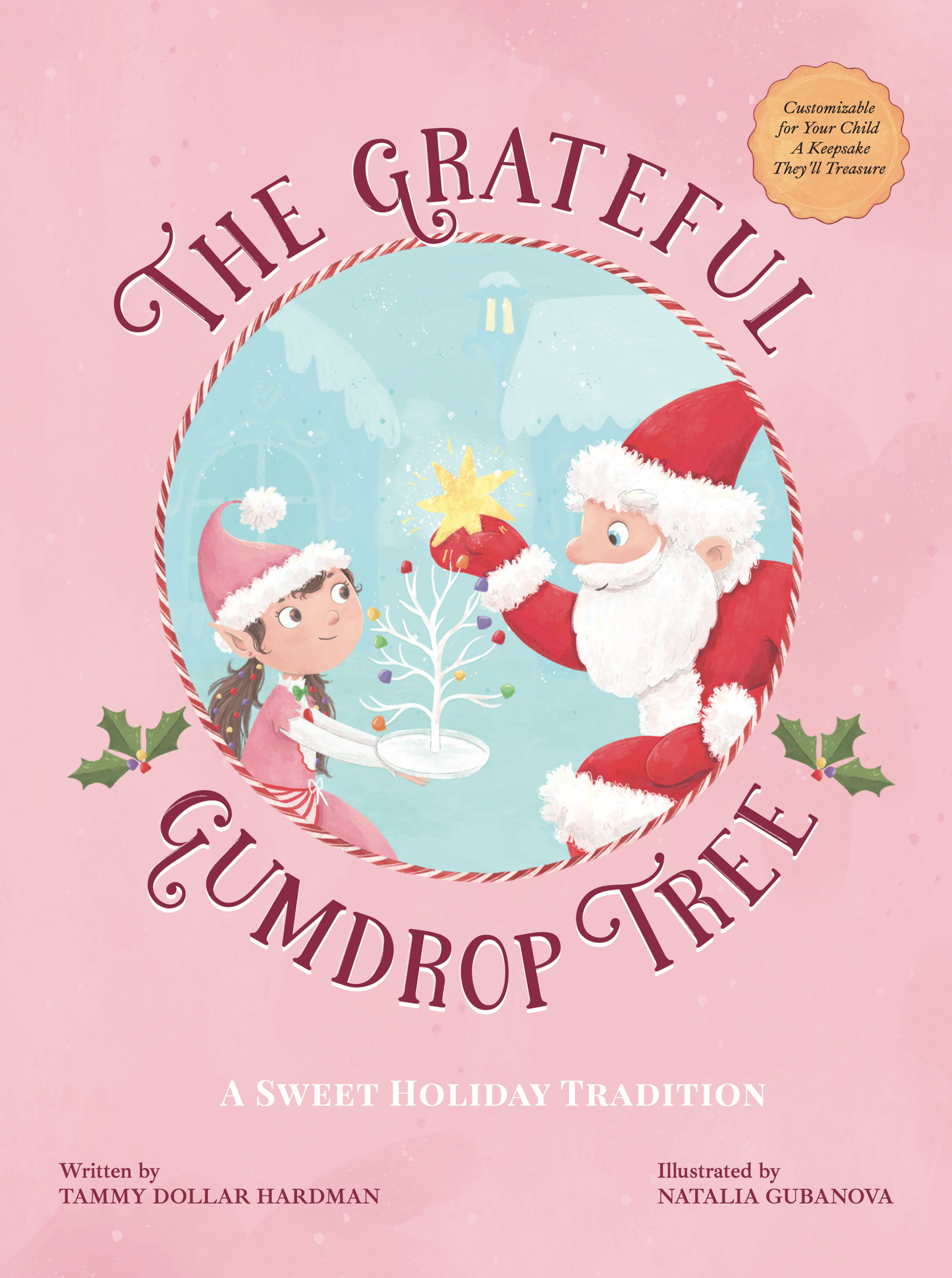 Book cover of 'The Grateful Gumdrop Tree' with Santa and a child on a pink background